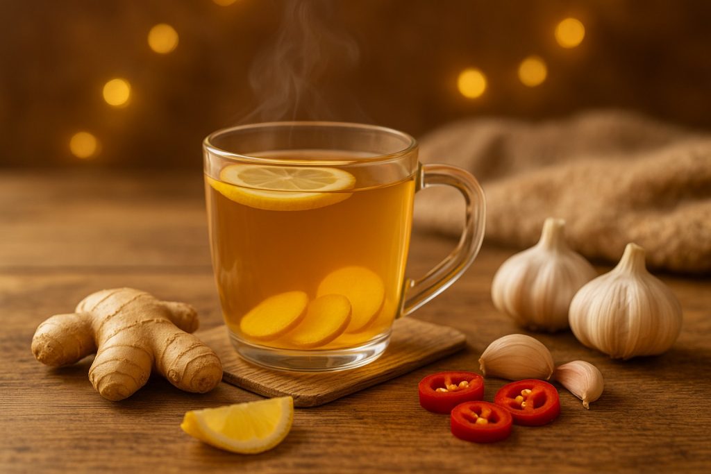 Ceai cu ghimbir și lămâie, alături de usturoi și ardei iute – ingrediente naturale care susțin imunitatea.