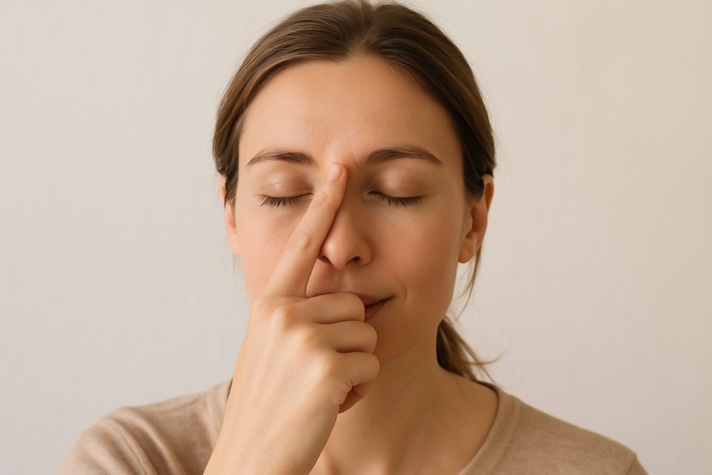 Persoană care își masează ușor punctul dintre sprâncene pentru relaxare și concentrare.