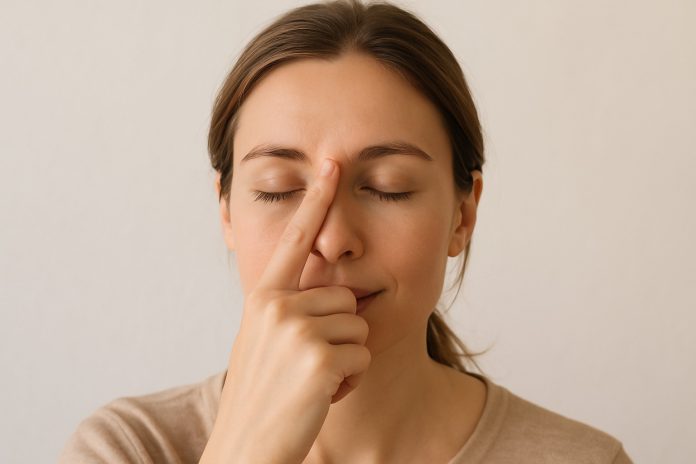 masaj-sprancene-relaxare Persoană care își masează ușor punctul dintre sprâncene pentru relaxare și concentrare.