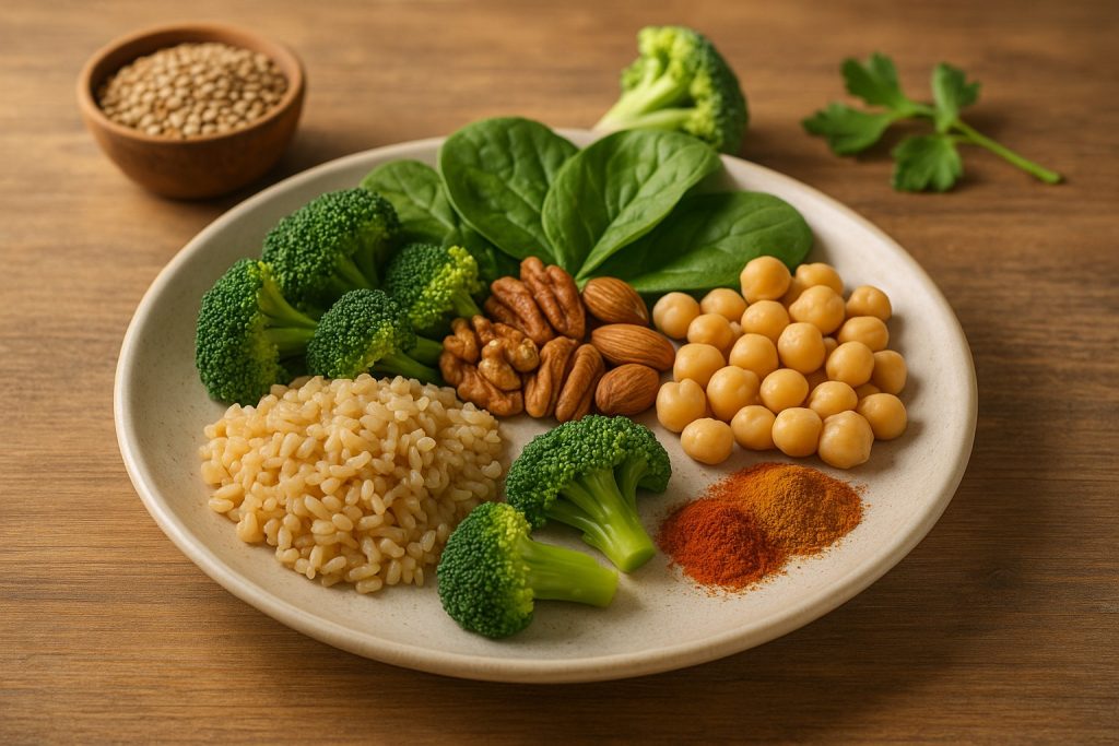 Farfurie cu cereale integrale, legume crucifere, leguminoase, nuci și condimente – alimente pentru longevitate.