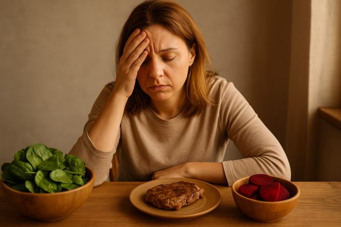 deficit-fier-simptome.jpg Femeie obosită lângă o farfurie cu spanac, sfeclă roșie și carne – alimente bogate în fier, simbol al semnelor deficitului de fier.