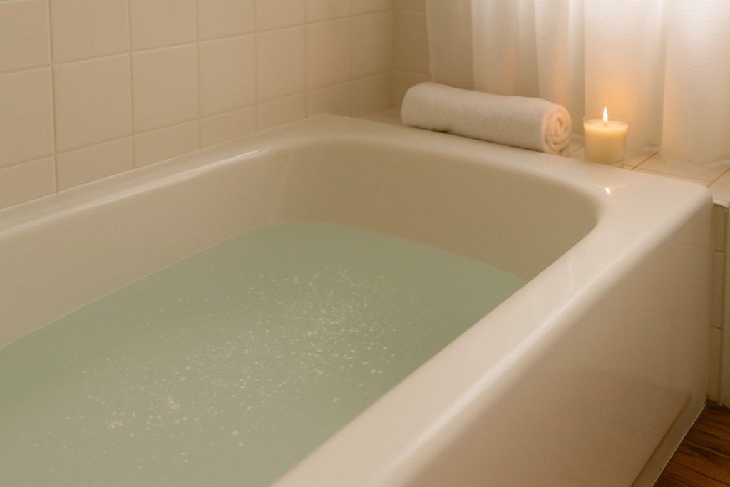 Cadă albă cu apă și bicarbonat de sodiu, simbol al beneficiilor pentru piele și relaxare