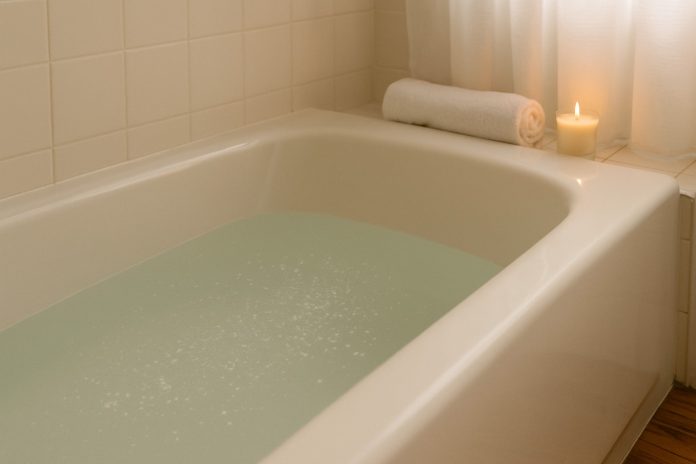 baie-bicarbonat-sodiu.jpg Cadă albă cu apă și bicarbonat de sodiu, simbol al beneficiilor pentru piele și relaxare