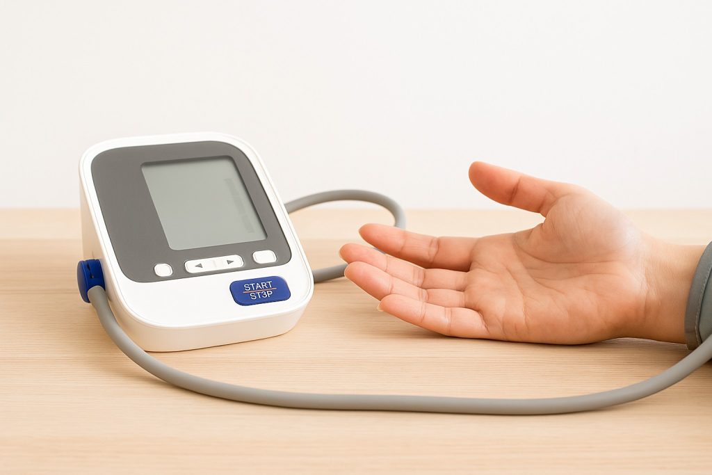 Tensiometru modern pe masă, pregătit pentru măsurarea tensiunii arteriale în funcție de vârstă.