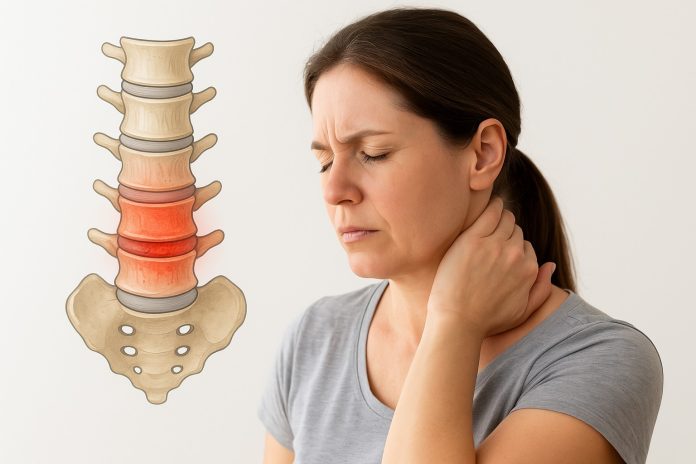 Ilustrație medicală a coloanei cervicale evidențiate cu roșu, alături de o femeie care își ține gâtul, semn al durerii și amețelilor provocate de spondiloza cervicală.