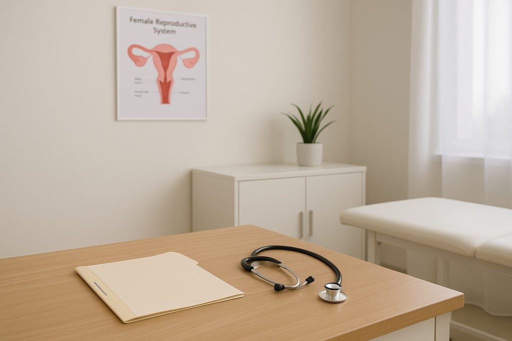 Cabinet ginecologic modern și luminos, cu masă albă pe care se află un dosar medical și un stetoscop, iar pe perete un poster discret cu anatomia feminină.