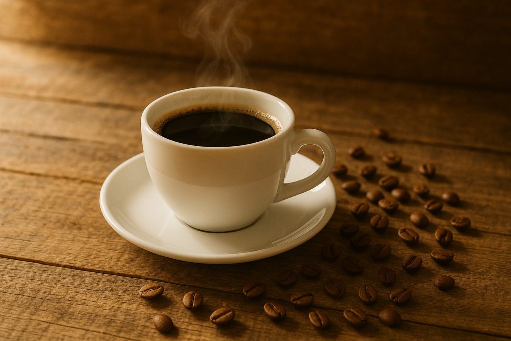 O ceașcă de cafea neagră pe masă rustică, înconjurată de boabe de cafea, simbol al beneficiilor pentru ficat.