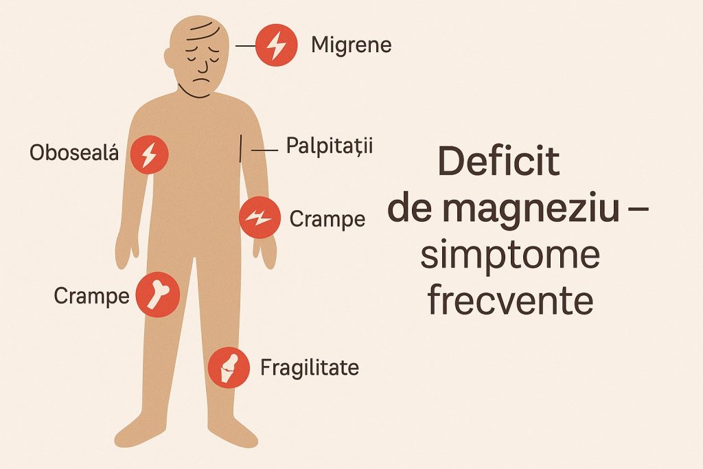 Siluetă umană cu marcaje pe mușchi, cap, inimă și oase, ilustrând principalele simptome ale deficitului de magneziu.