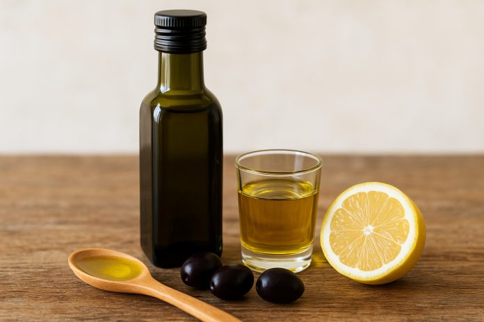 Sticlă de ulei de măsline extravirgin, pahar mic cu ulei, câteva măsline negre și jumătate de lămâie pe masă rustică