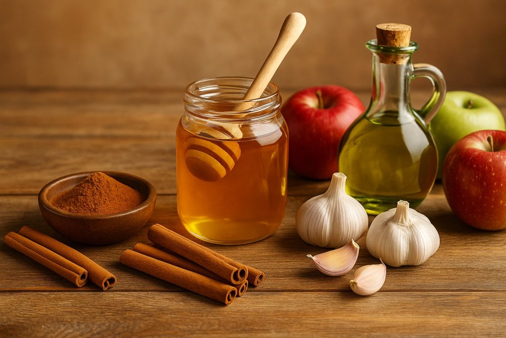 Cele cinci alimente recomandate pentru longevitate: scorțișoară, miere, usturoi, ulei de măsline și mere, prezentate pe o masă rustică.