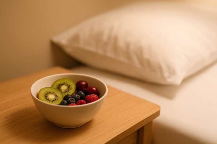 Bol cu kiwi, vișine, afine și zmeură pe o noptieră, pregătite pentru consum înainte de culcare, cu lumină caldă de lampă.