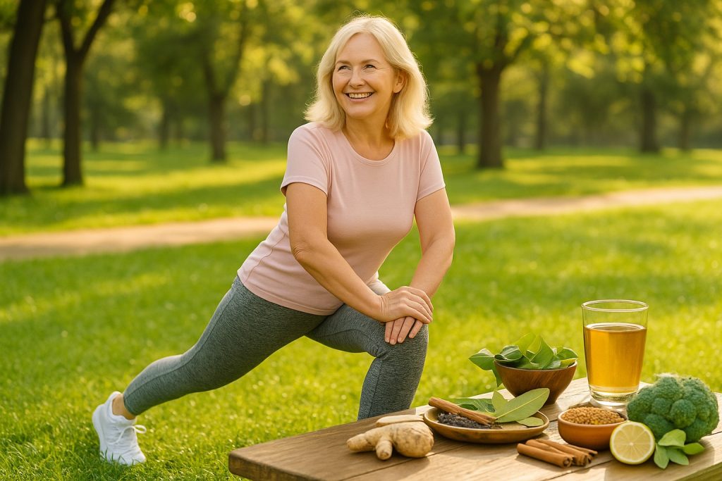 Femeie matură făcând exerciții ușoare pentru picioare, simbol al încetinirii îmbătrânirii prin mișcare și stil de viață sănătos