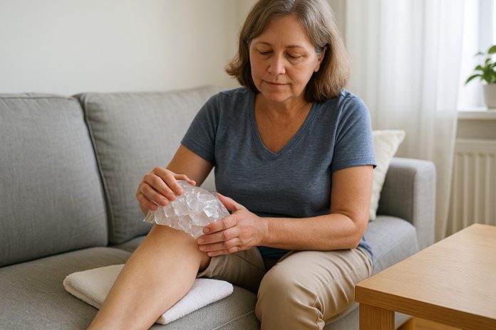 Persoană aplică gheață pe genunchi pentru calmarea durerilor articulare.