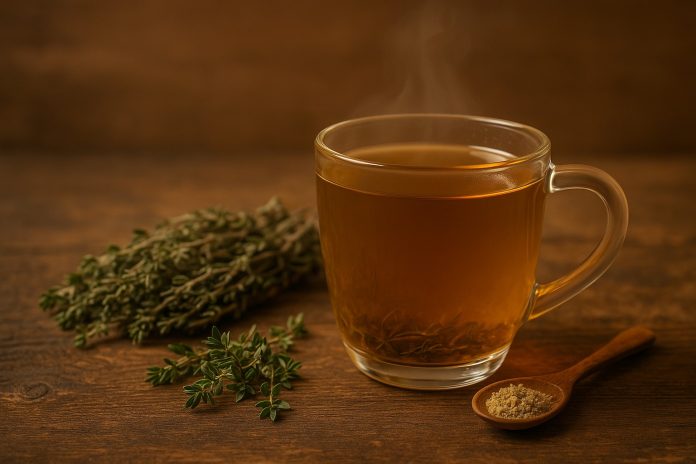 Cană cu ceai de cimbru aburind, lângă crenguțe proaspete și uscate, pe fundal rustic.