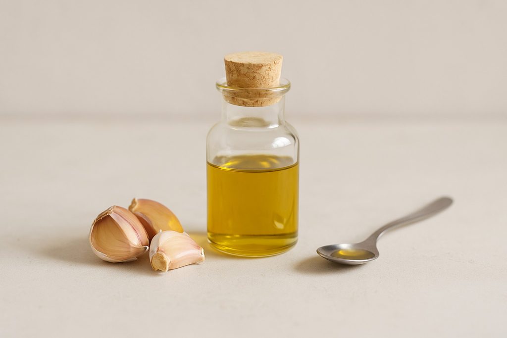 Sticlă cu ulei de usturoi și căței de usturoi zdrobiți, simbol al proprietăților sale vindecătoare