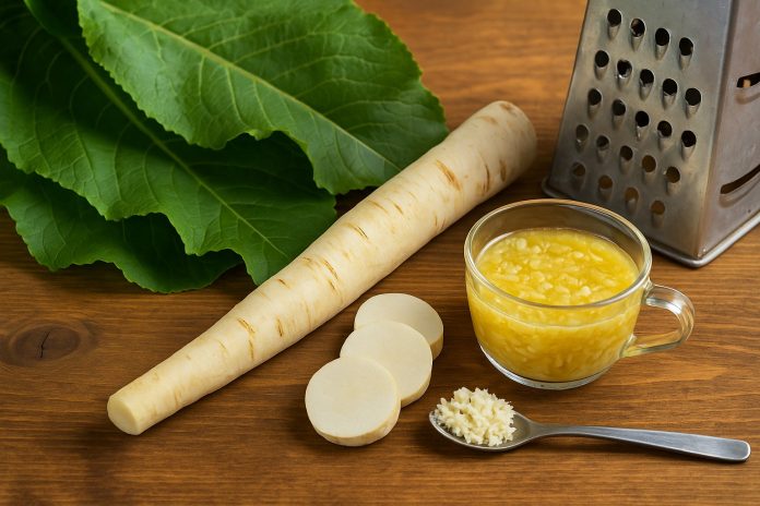 Frunze și rădăcină de hrean proaspăt pe masă rustică – remediu natural pentru sănătate