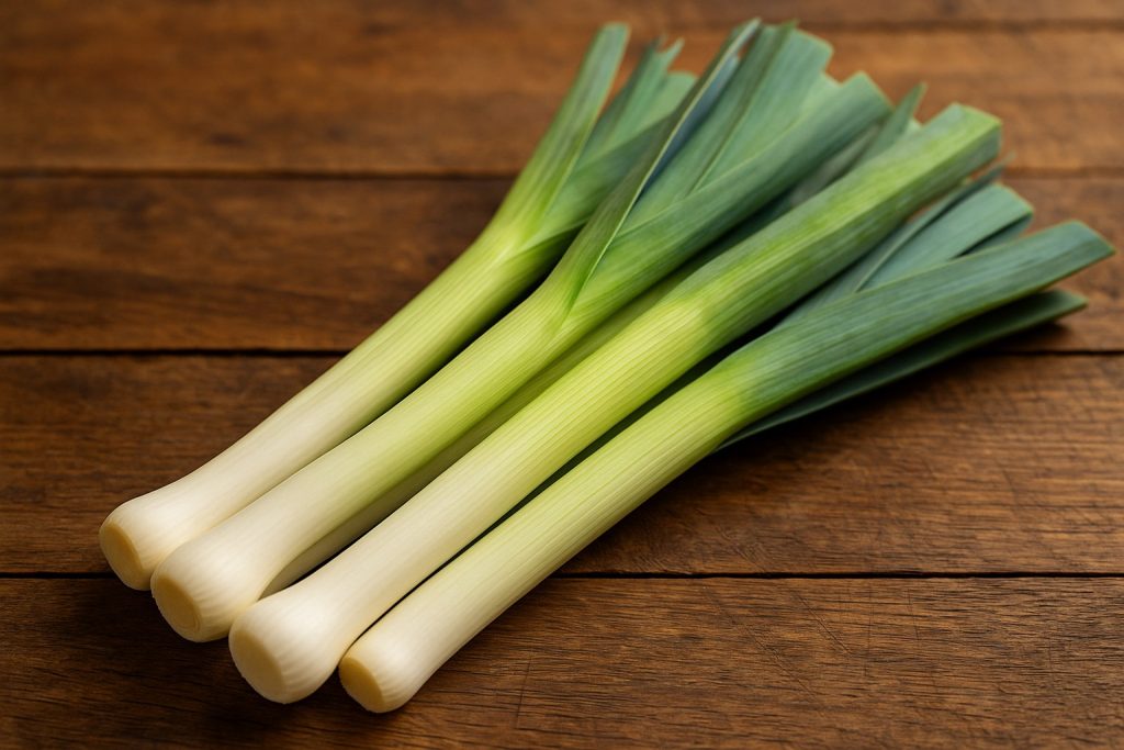 Fire de praz proaspăt pe masă rustică din lemn, simbol al beneficiilor sale pentru sănătate.