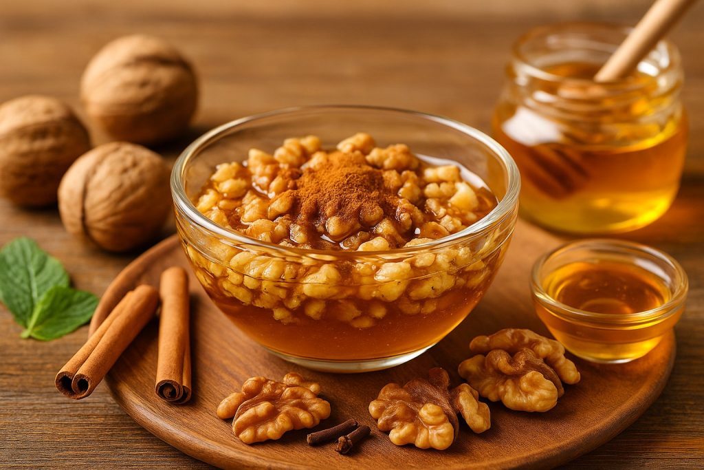 Bol cu nuci, miere și scorțișoară – gustare naturală pentru energie, inimă și concentrare.