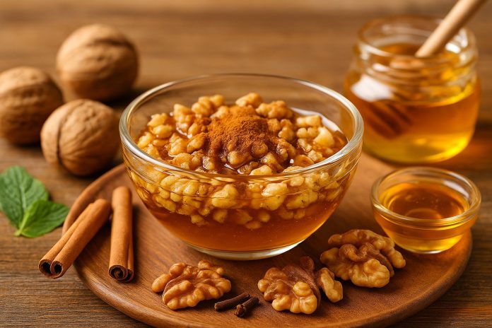Bol cu nuci, miere și scorțișoară – gustare naturală pentru energie, inimă și concentrare.