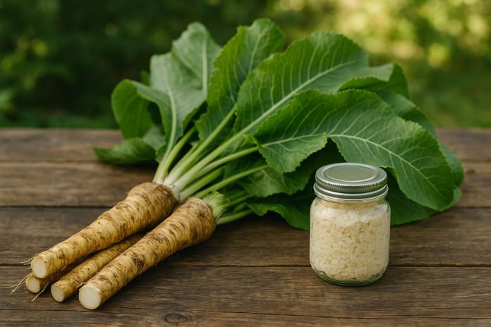 Rădăcini și frunze de hrean lângă un borcănel cu hrean ras – aliment tradițional cu beneficii naturale pentru articulații, mușchi și imunitate.