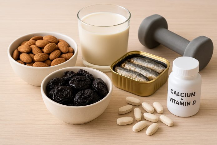 Migdale, prune uscate, sardine, lapte vegetal și ganteră – simbol al metodelor naturale de întărire a oaselor în menopauză.