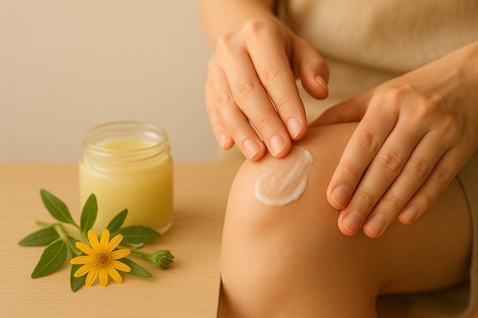 Aplicare de alifie naturală pe genunchi, însoțită de ingrediente precum arnică și ghimbir – remediu calmant pentru articulații.