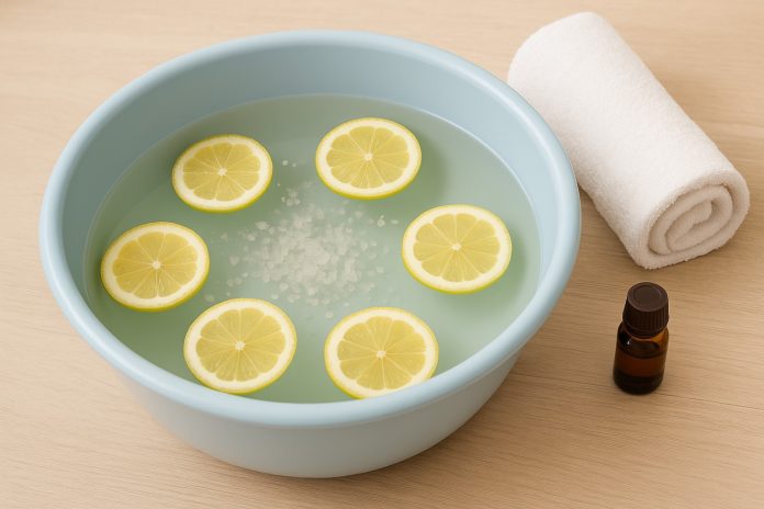 Lighean cu apă caldă, sare și ulei esențial, lângă prosop alb – remediu natural pentru durerile de picioare și gât.