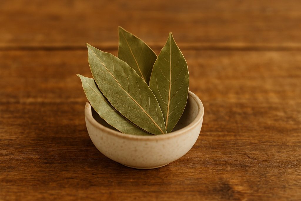 Bol cu frunze uscate de dafin pe masă rustică, simbol al beneficiilor naturale pentru sănătate.