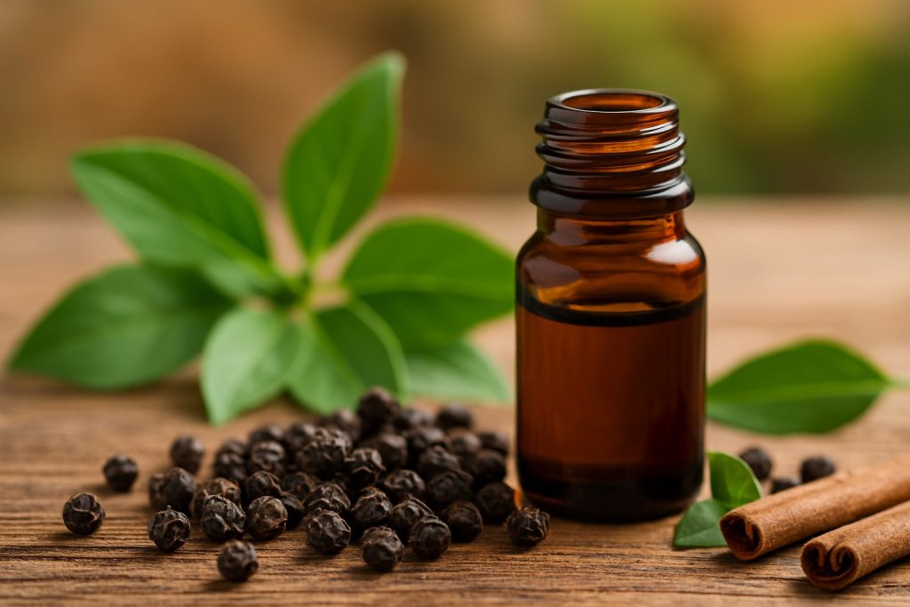 Sticluță cu ulei esențial de piper negru și boabe naturale, simbol al detoxifierii și sănătății.
