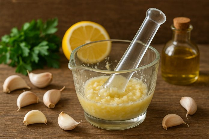 Mojar cu mujdei de usturoi, pătrunjel, lămâie și ulei de măsline pe masă rustică din lemn