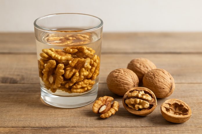 Pahar cu apă de nuci pe masă rustică, alături de nuci întregi și miez de nucă