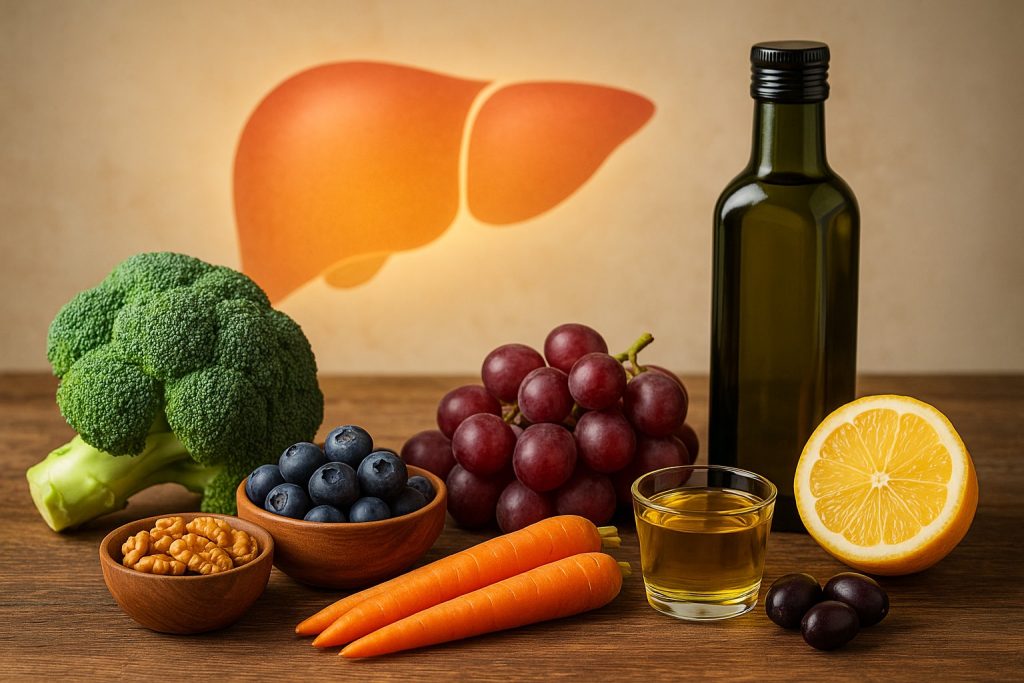 Broccoli, afine, struguri, nuci, morcovi, sfeclă, ulei de măsline și ceai verde pe masă rustică – alimente benefice pentru ficat