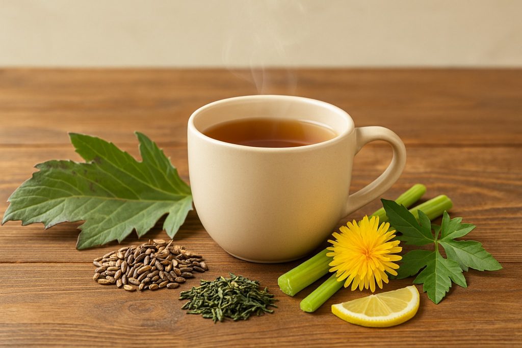 Cană cu ceai pentru ficatul gras, pe masă din lemn, lângă plante medicinale (armurariu, anghinare, păpădie, ceai verde)