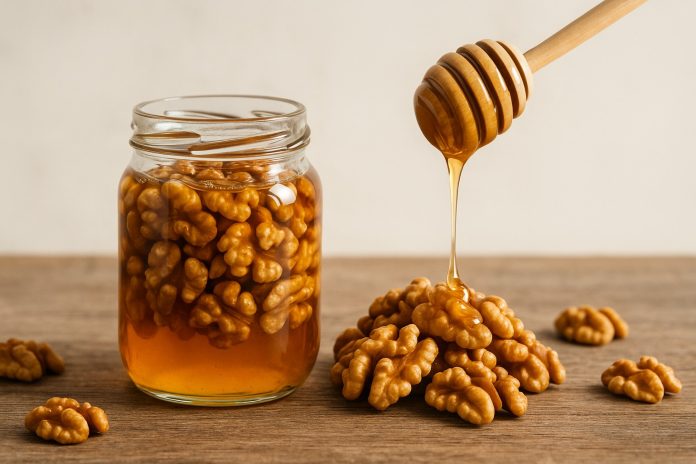 Borcan cu miere și nuci pe masă, remediu natural pentru inimă, tensiune, stomac și dureri de cap.