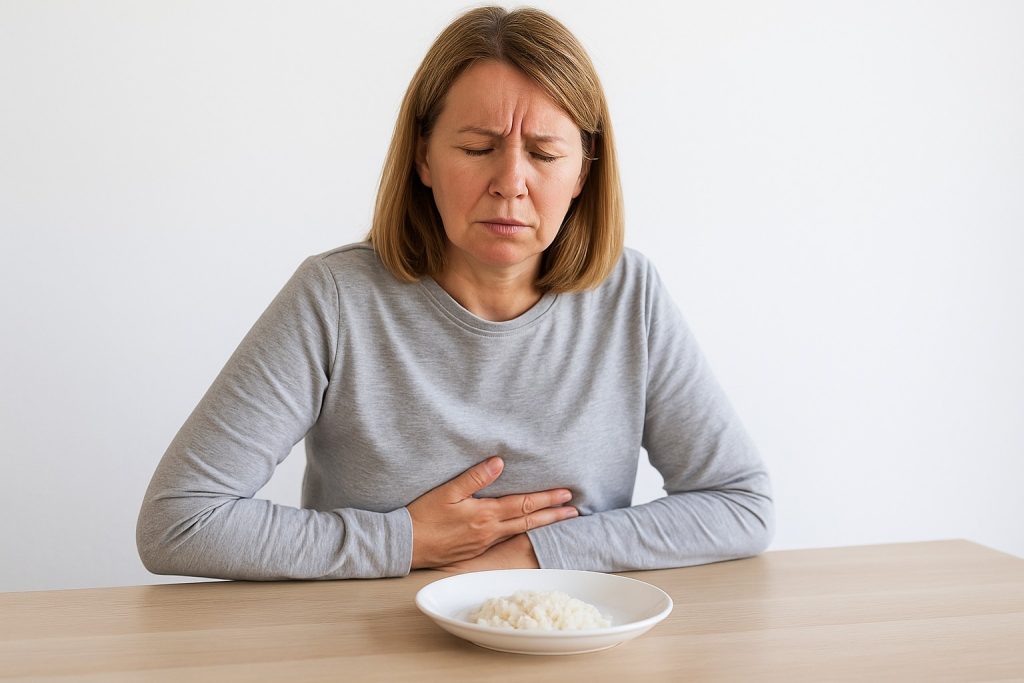 Femeie de vârstă mijlocie stând la masă, ținându-se de abdomenul superior și privind cu disconfort spre farfuria neatinsă – sugestie vizuală pentru simptomele cancerului gastric.