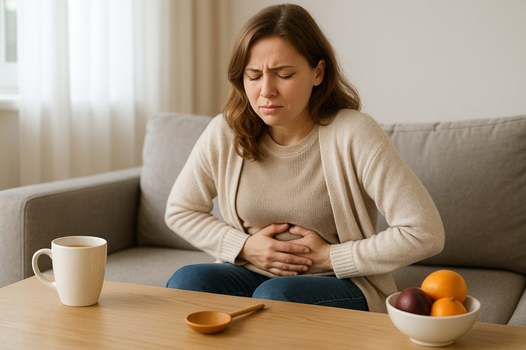 Femeie așezată pe canapea, ținându-se de abdomen cu expresie de disconfort, lângă o cană cu ceai și un bol cu fructe