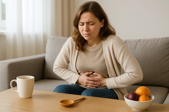 Femeie așezată pe canapea, ținându-se de abdomen cu expresie de disconfort, lângă o cană cu ceai și un bol cu fructe