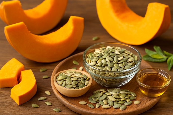 Semințe de dovleac crude și prăjite, alături de dovleac și un pahar cu ulei de semințe – beneficii pentru inimă, ficat, rinichi și imunitate.