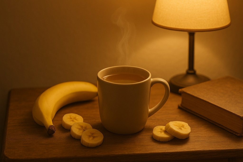 Cană cu lichid cald din banană fiartă pe noptieră, lângă o banană întreagă și felii proaspete