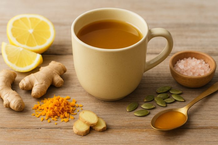 bautura-antidureri-articulatii.jpg Căniță cu infuzie antiinflamatoare (ghimbir, turmeric, lămâie, miere) pe masă – băutură naturală pentru reducerea durerilor articulare, de spate și picioare.