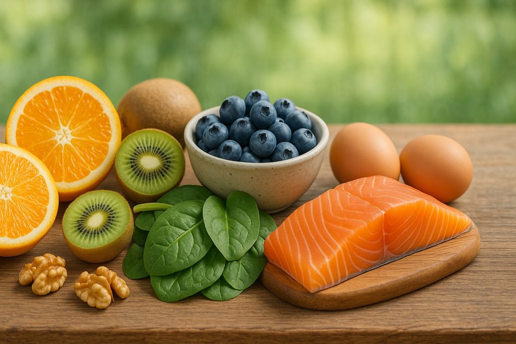 Alimente bogate în colagen – portocale, afine, spanac, ouă, somon și nuci – pentru piele, păr și unghii sănătoase.