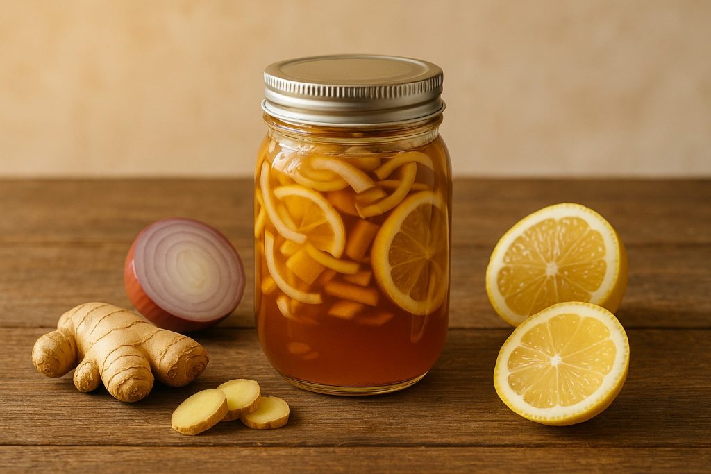 Borcan cu sirop natural din miere, ceapă, ghimbir și lămâie – remediu de casă pentru calmarea tusei și durerilor în gât.