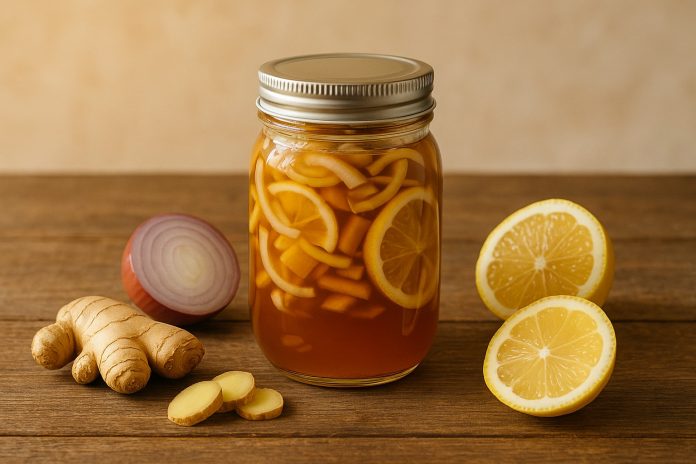 Borcan cu sirop natural din miere, ceapă, ghimbir și lămâie – remediu de casă pentru calmarea tusei și durerilor în gât.