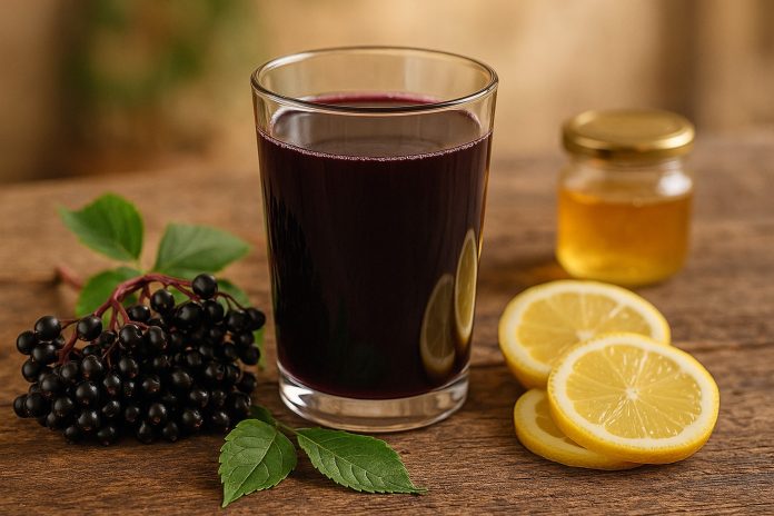 Pahar cu suc de soc proaspăt, bogat în antioxidanți, benefic pentru metabolism, memorie și imunitate