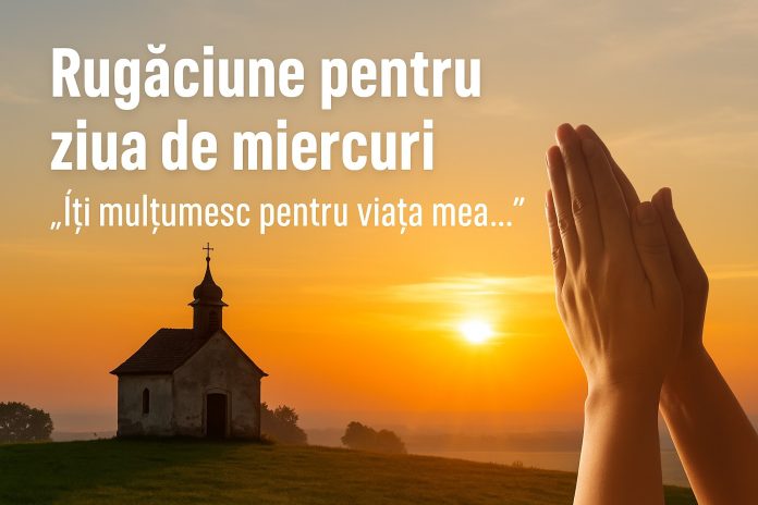 Rugăciune pentru ziua de miercuri, mâini împreunate în fața unei biserici la răsărit de soare