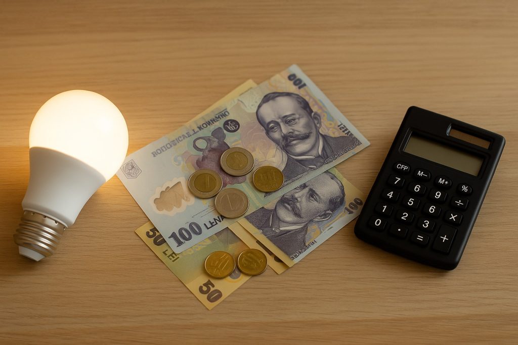 Bec LED aprins alături de bancnote și monede românești și un calculator de birou, simbol al economisirii la factura de curent