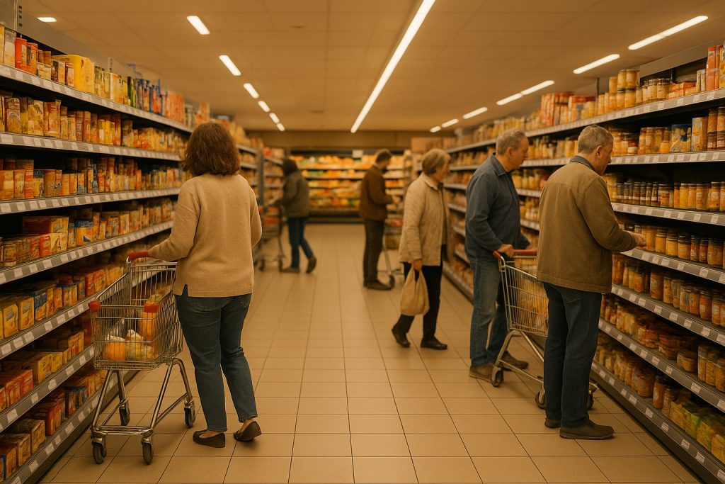 Interior de supermarket deschis într-o zi de duminică, cu clienți la cumpărături, simbol al programului de Sfântul Dumitru 2025