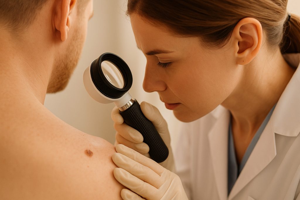 Dermatolog examinând o aluniță suspectă pe pielea unui pacient