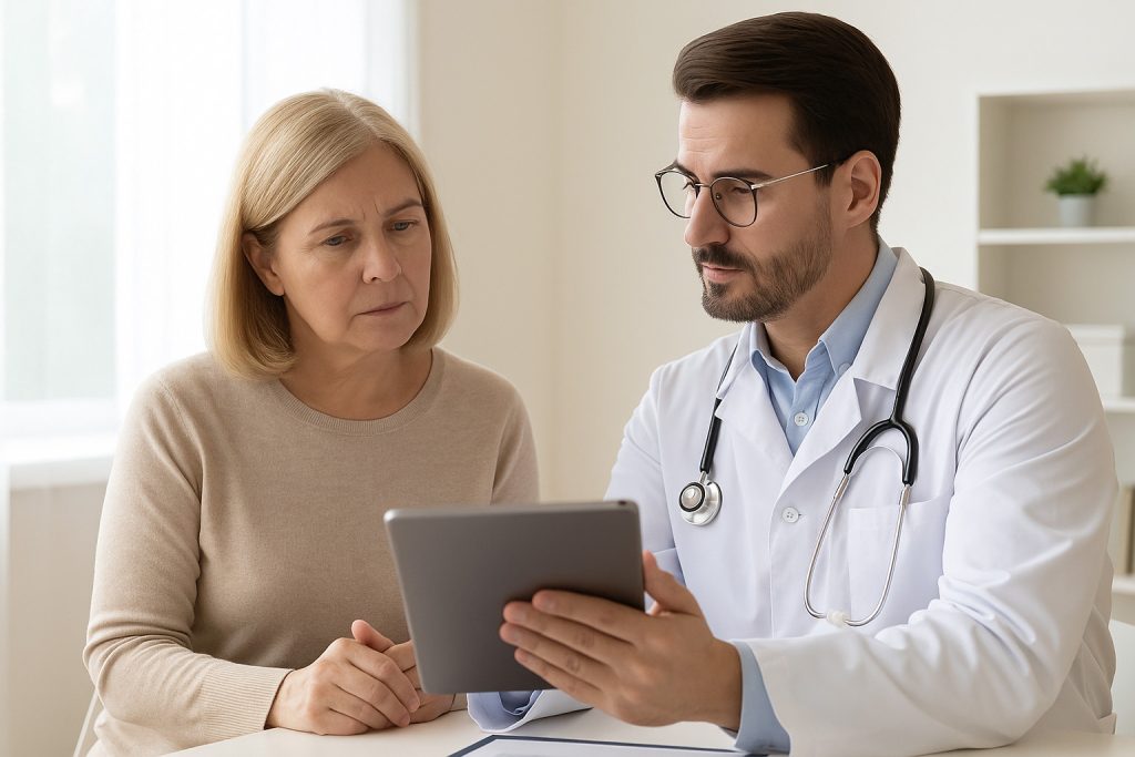 Medicul discută cu o pacientă despre simptomele care pot indica afecțiuni ascunse după 45 de ani.