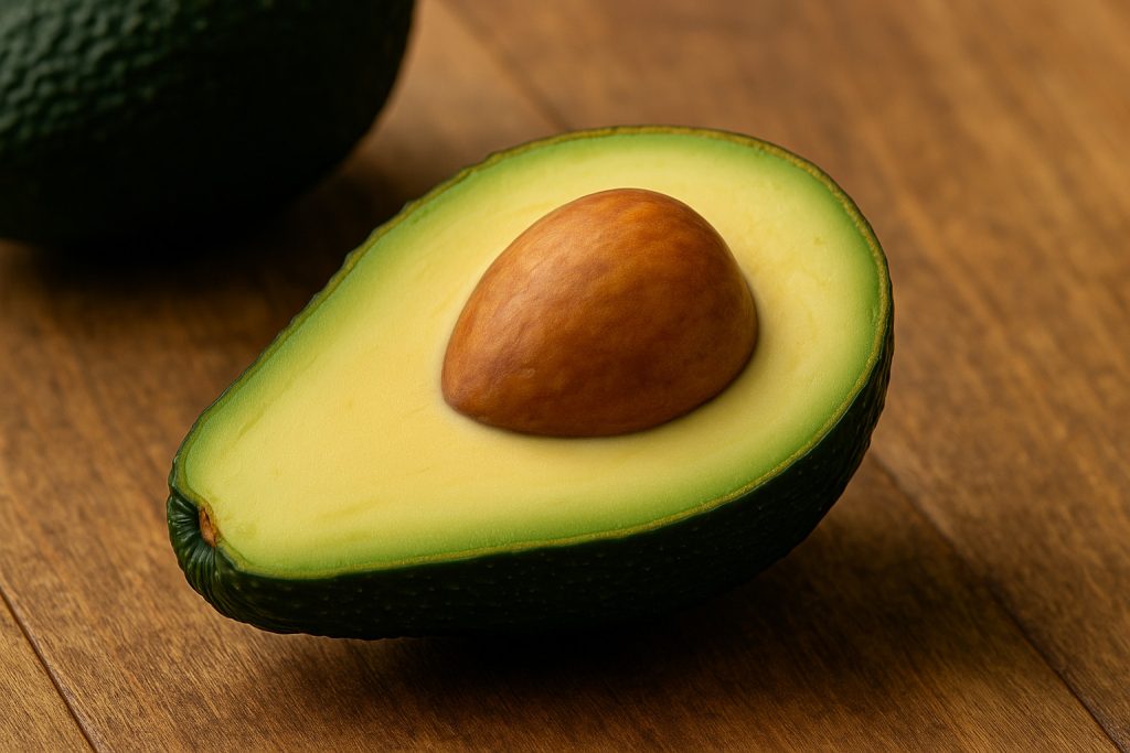 Jumătate de avocado proaspăt pe o masă rustică, simbol al sănătății și feminității